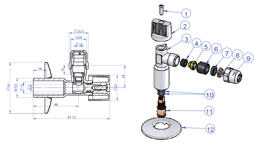 Устройство крана для подключения сантехнических приборов 1/2*M10 MVI.